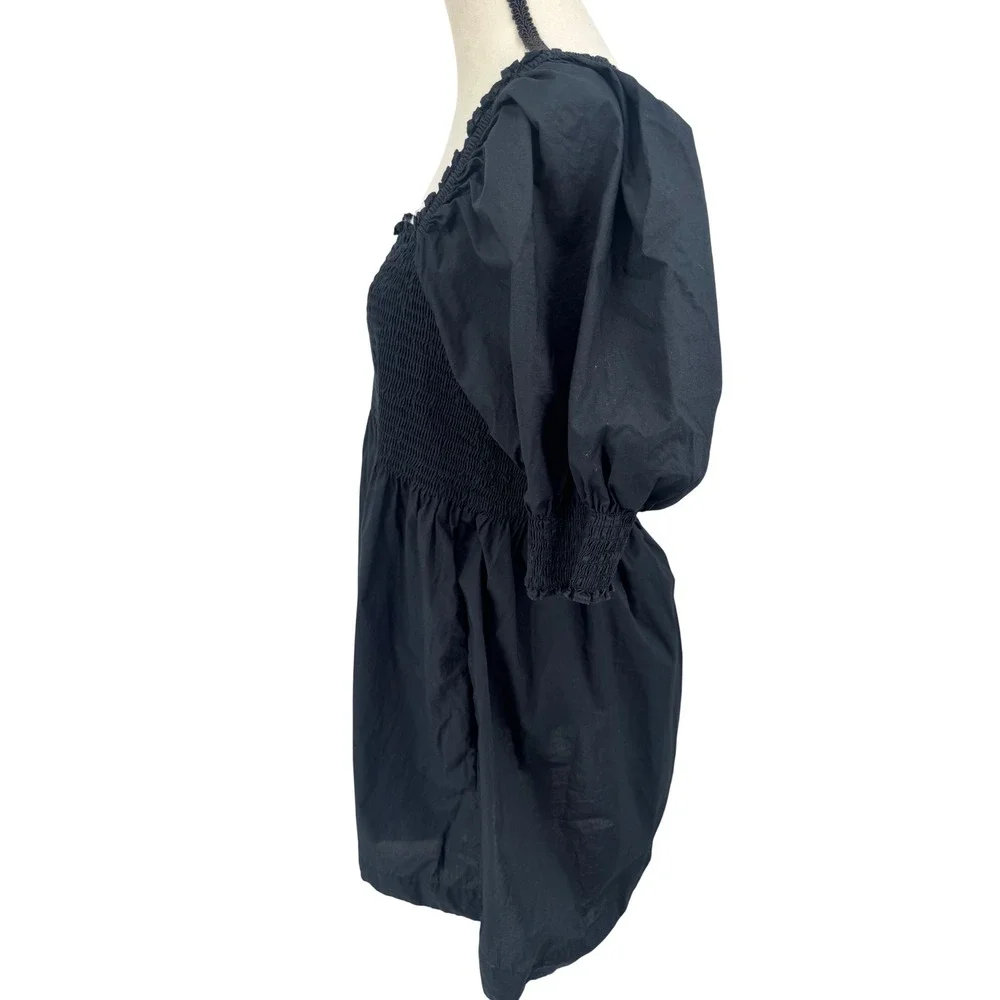 Hill House Home Nap Dress Women XL Black Smocked Puff Sleeve Mini Dress